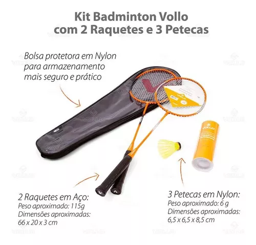 Kit Badminton 2 Raquetes 3 Petecas E Bolsa Vollo