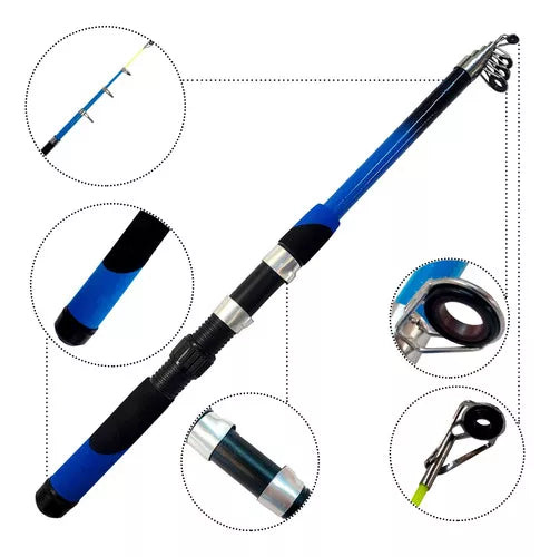 Kit de pesca completo 10kg com 2 varas + 2 molinetes + itens cor azul e amarelo