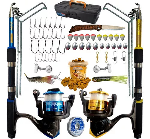 Kit de pesca completo 10kg com 2 varas + 2 molinetes + itens cor azul e amarelo