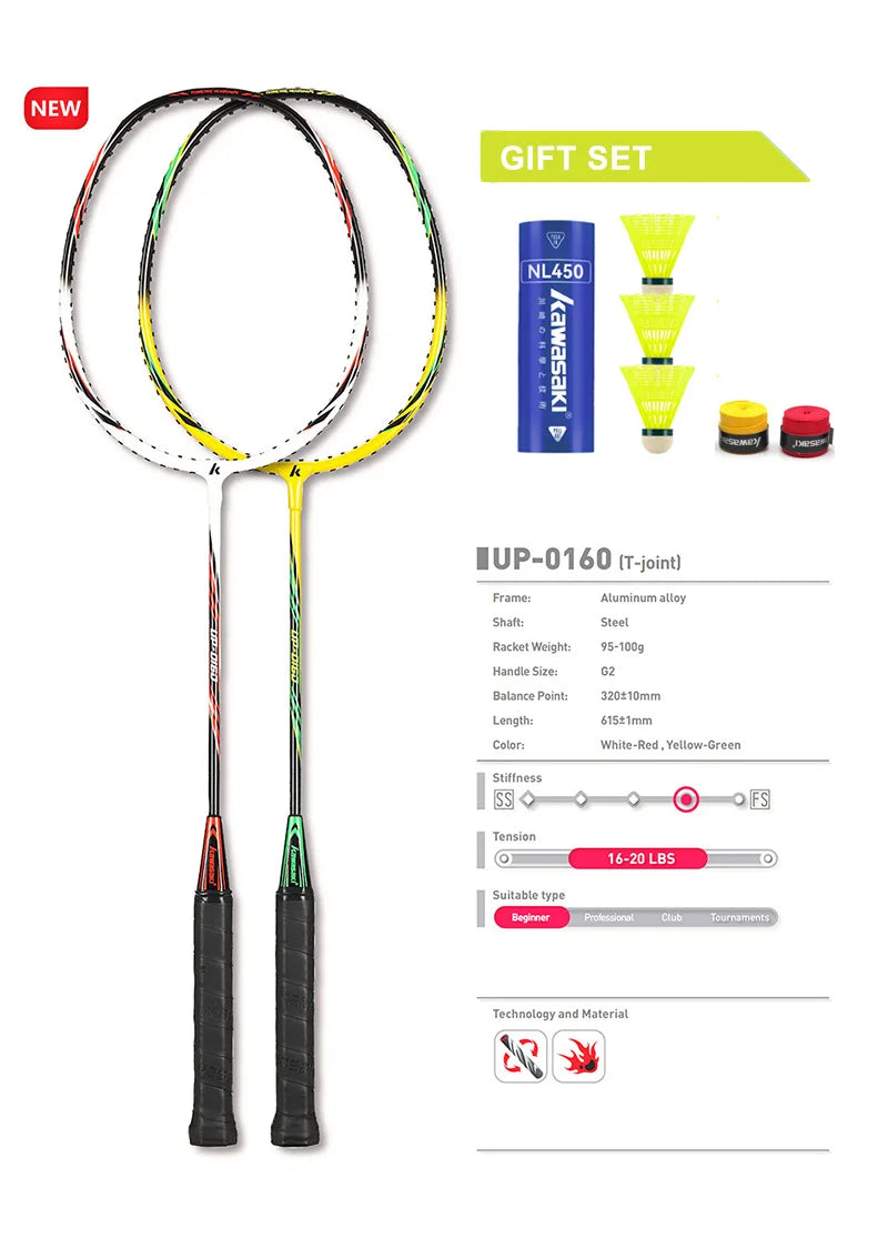 Raquete de Badminton Kawasaki 1U Raquete de badminton com corda UP-0160 com peteca de presente grátis